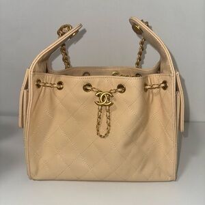 Chanel Beige Quilted Shoulder Bag with Gold Accents